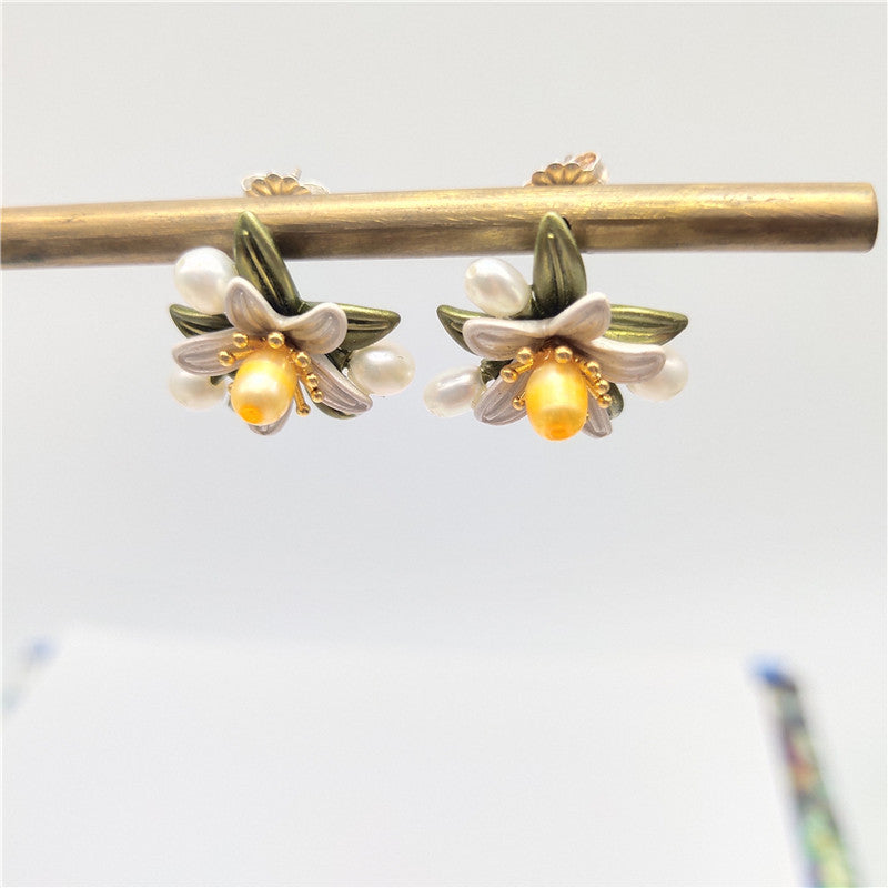 Genuine Freshwater Pearls Flower Earrings With Silver Needle