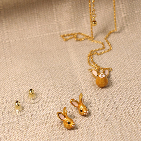 24K Solid Gold Plated Rabbit Pendant Necklace Earrings With Silver Needle