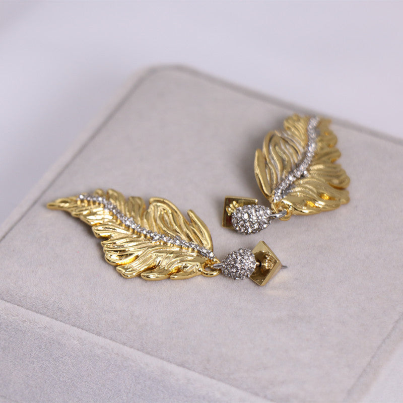 24K Solid Gold Plated Earrings Gorgeous Diamonds Feather Jewelry