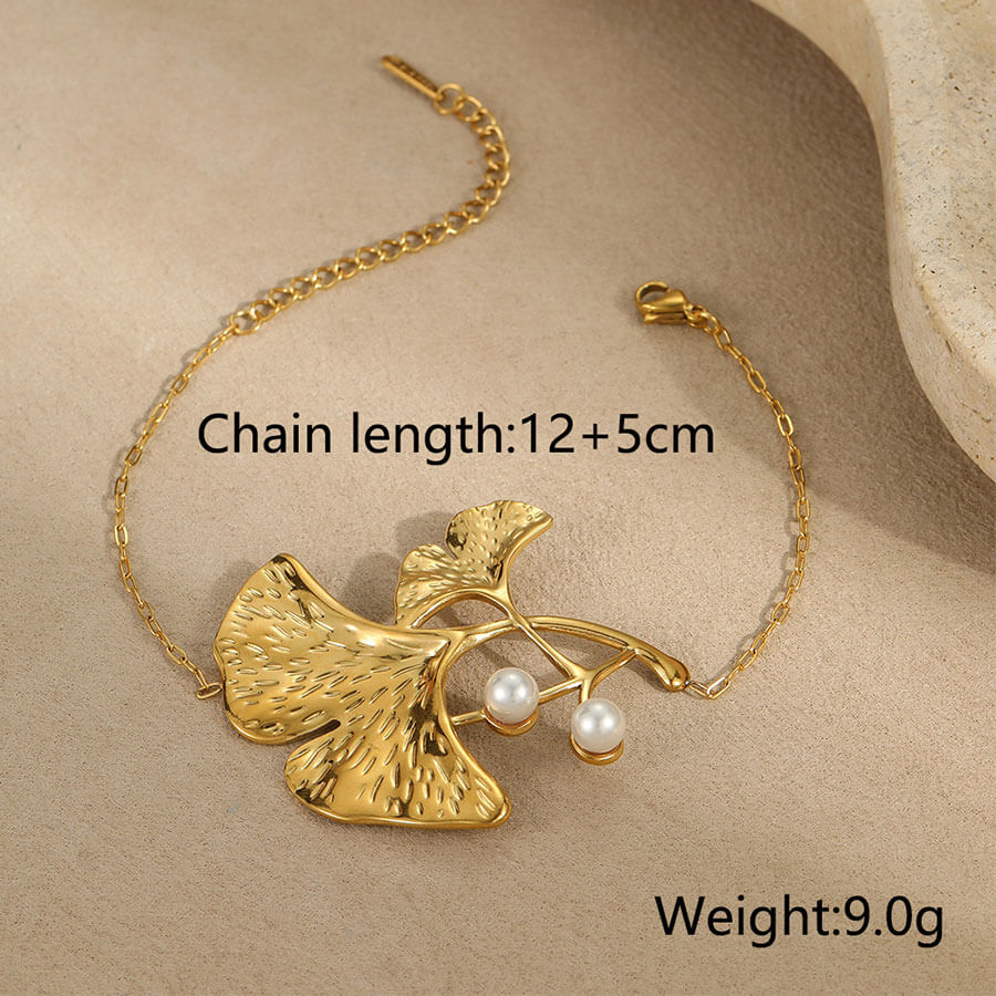 18k Gold Plated Earrings Leaf Shaped Rings Pearl Bracelet Set