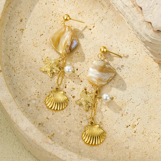 18k Gold Plated Titanium Steel Earrings Gorgeous Pearl Starfish Shell Pendant