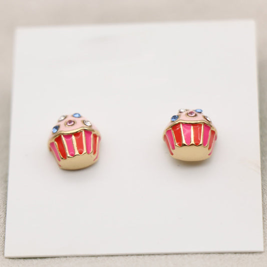 24K Solid Gold Plated Diamond Earrings Enamel Cupcakes Pendant