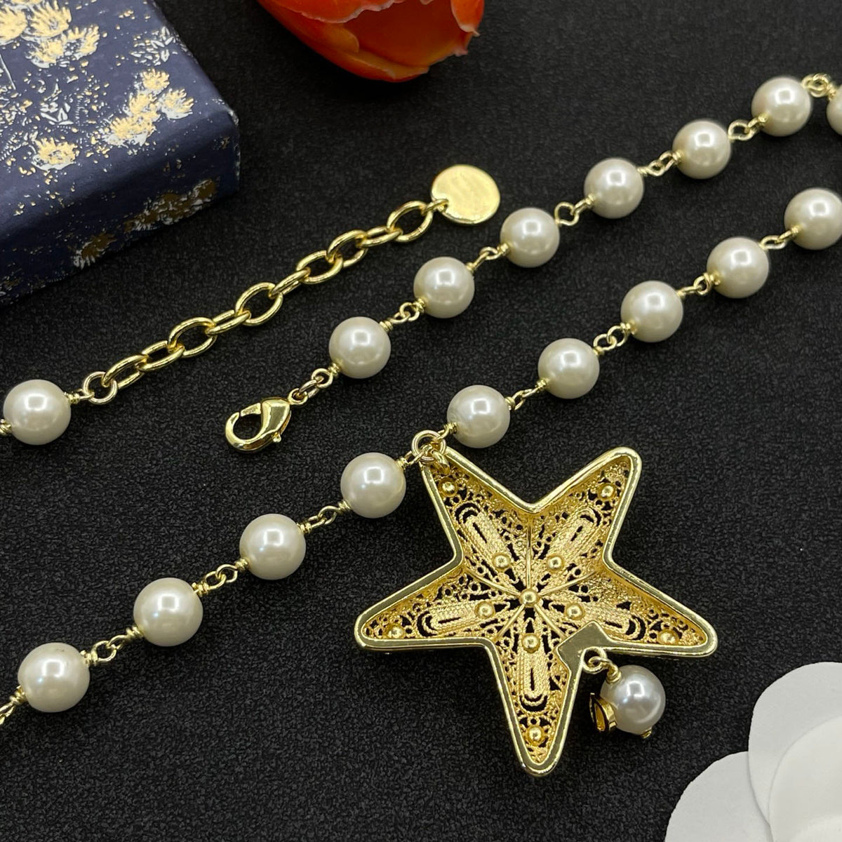 24K Gold Plated Star Pendant Pearls Necklace