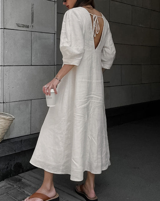 Backless Work It Bubble Sleeve Linen Midi Dresses
