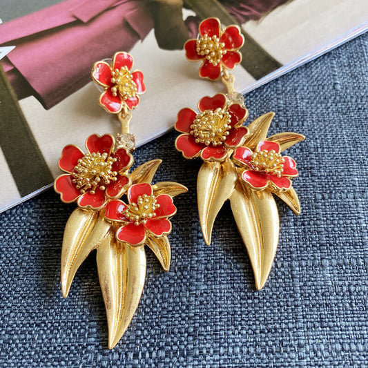 Enamel Glaze Flower Leaves Shaped Drop Earrings Hypoallergenic Gold Plated Crystal Jewelry