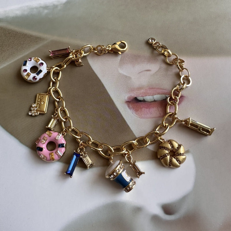 24K Solid Gold Plated Hypoallergenic Brass Diamond Bracelet Enamel Ice Cream Donuts Jewelry