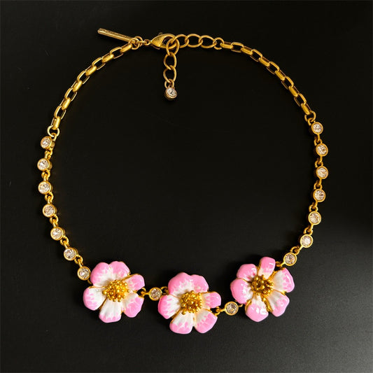 Hand-painted Enamel Cherry Blossom Necklace Gold Plated Vintage Jewelry