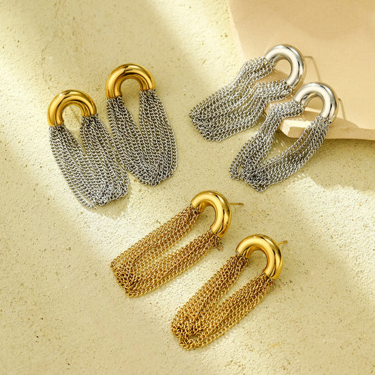 18k Gold Plated C-shaped Titanium Tassel Earrings
