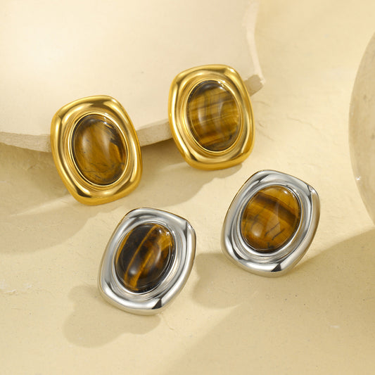 Oval Tiger Eye Gem With 18k Gold Plated Earrings Gorgeous Vintage Jewelry