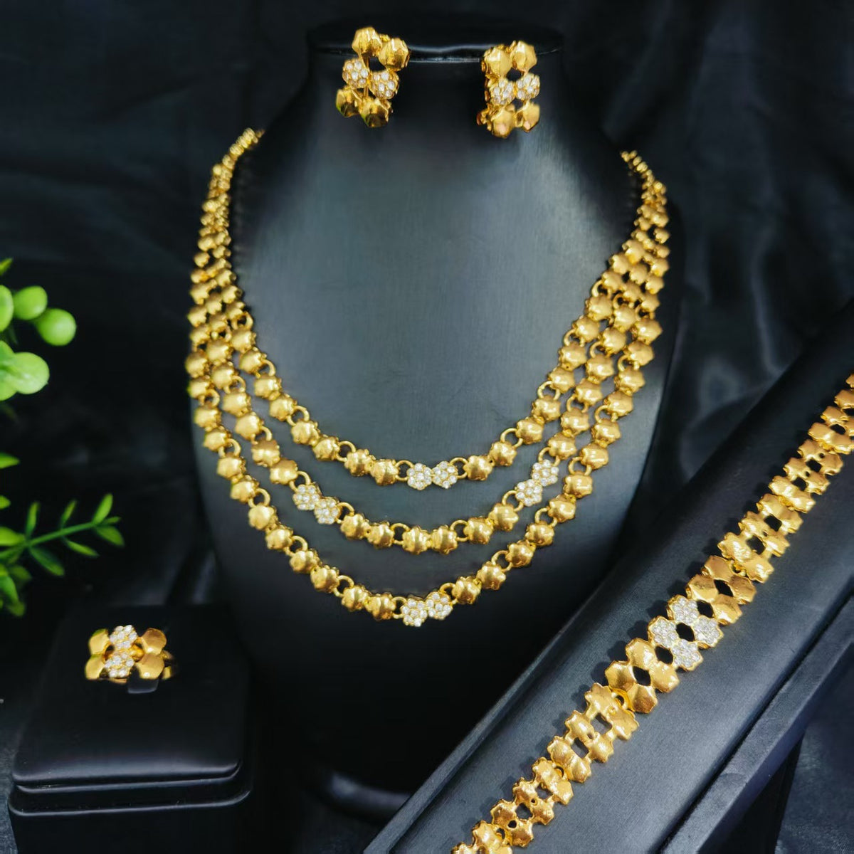 Vintage Jewelry Set 24k Gold Plated Necklace Diamond Bracelet Earrings Set