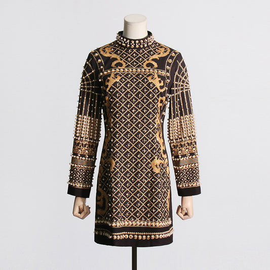 Party Turtleneck Beaded Floral Bodycon Mini Dresses