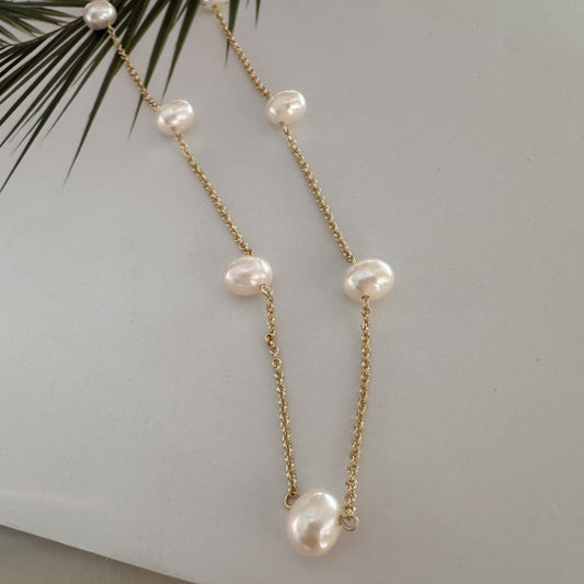 24K Gold Plated Hypoallergenic Brass Chain Freshwater Pearls Necklace
