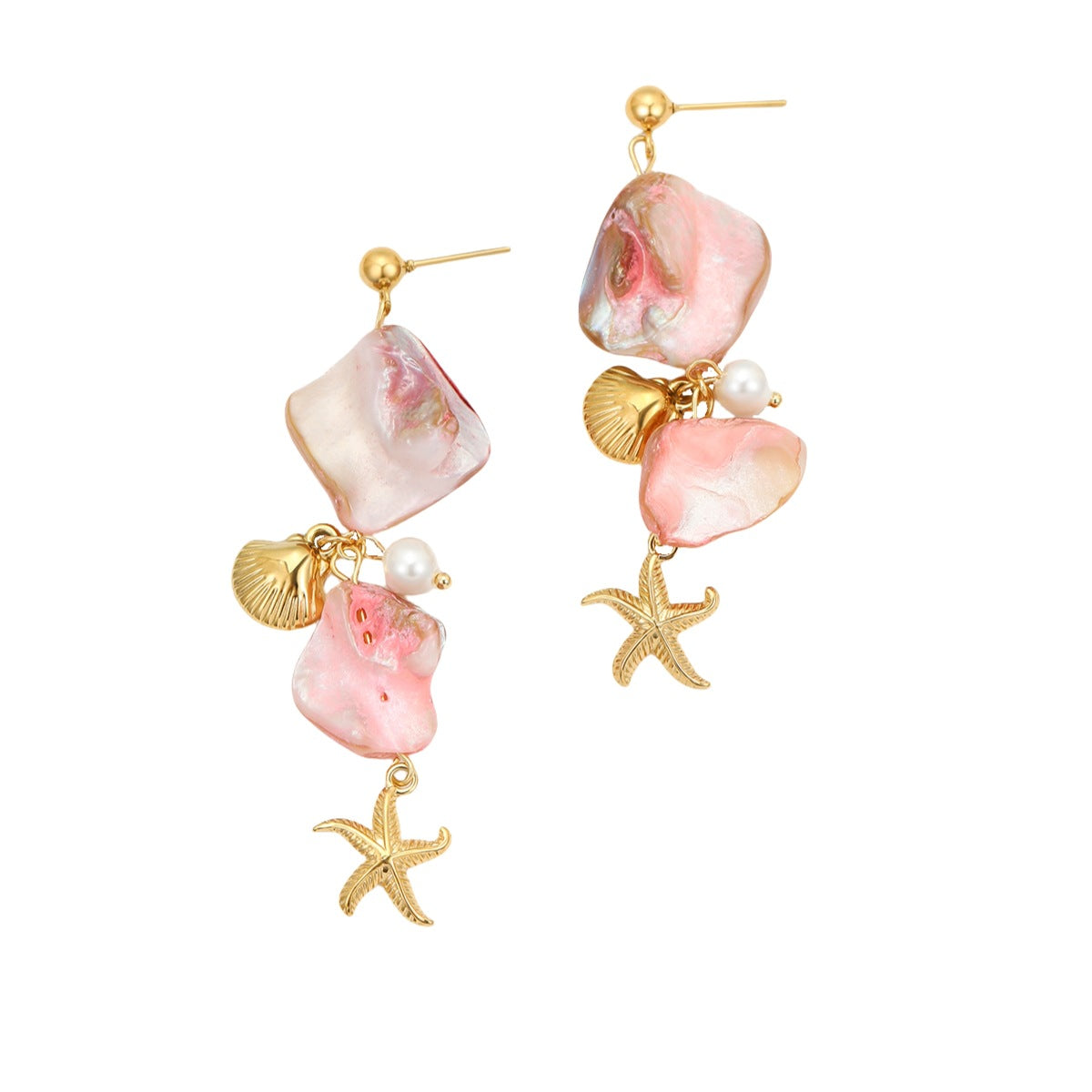 18k Gold Plated Starfish Drop Earrings Pink Shell Gorgeous Jewelry