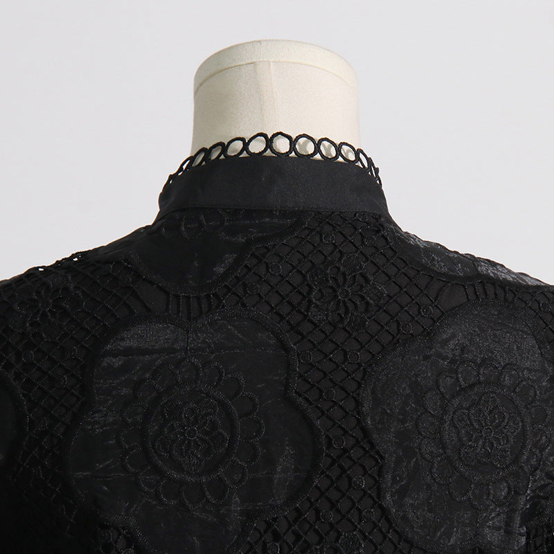 High Collar Lace Bubble Sleeve Ruffled Mini Dresses