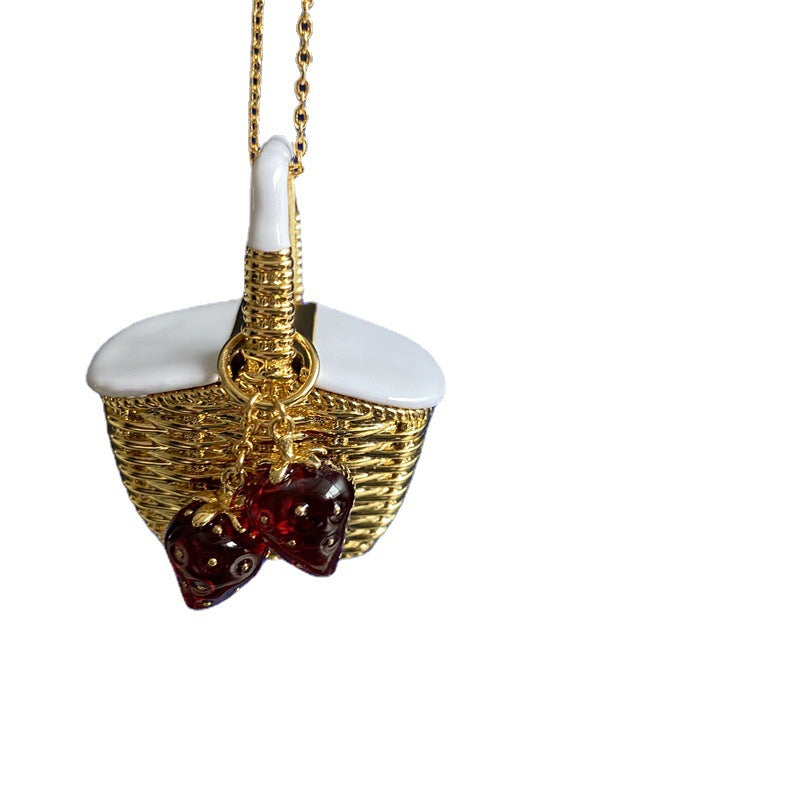 24K Solid Gold Plated Basket And Strawberry Pendant Necklace
