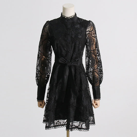 High Collar Lace Bubble Sleeve Ruffled Mini Dresses