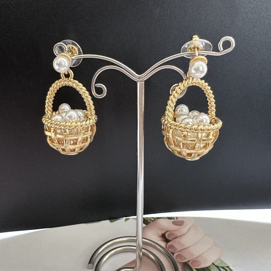 Pearl Cluster Gold Flower Basket Drop Earrings Hypoallergenic Pastoral Style Jewelry