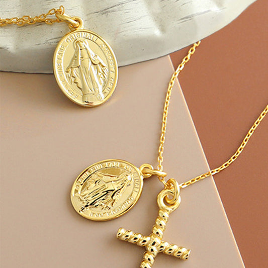 S925 Sterling Silver Gold Plated Cross Necklace Statue of Jesus Pendant