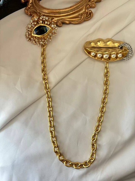 24K Solid Gold Plated Vintage Diamond Brooch With Pea Pods Pearl