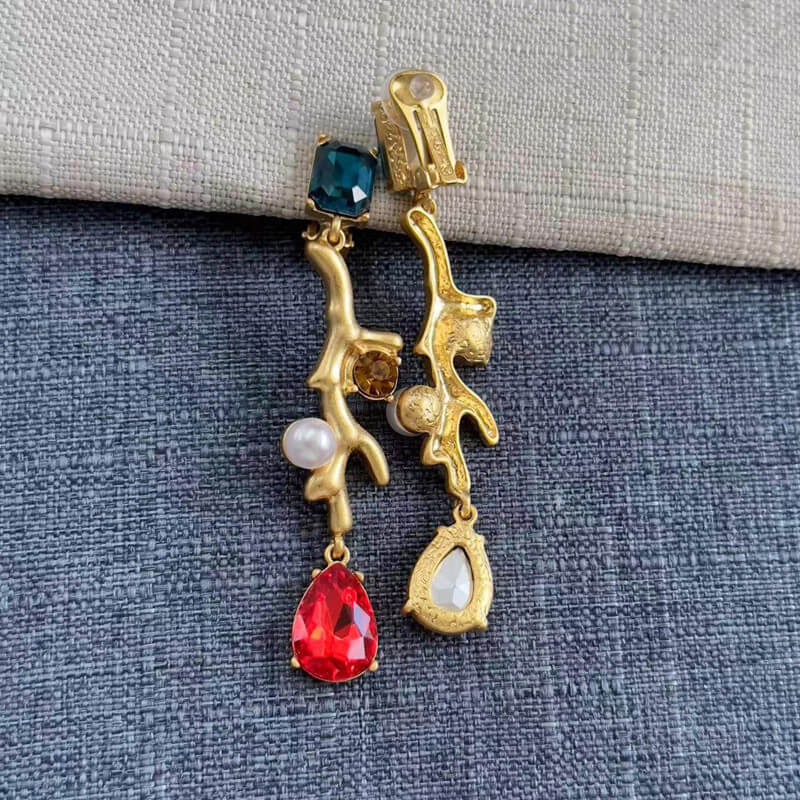 Coral Branches Inlaid With Diamonds Pearls Clip On Earrings Hypoallergenic Jewelry