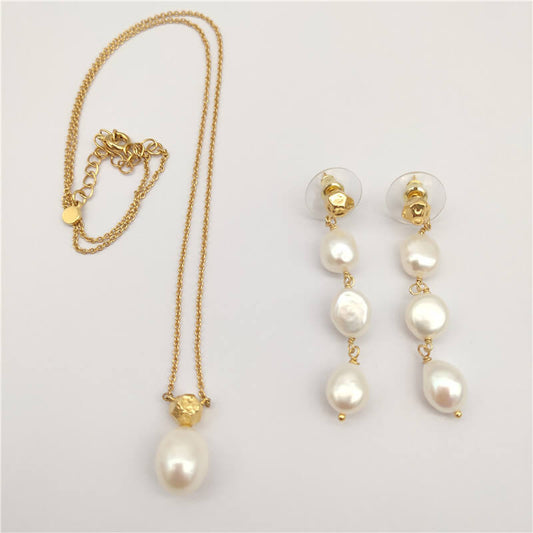 Freshwater Pearls Earrings Hypoallergenic 24K Gold Plated Necklace Elegant Jewelry Set