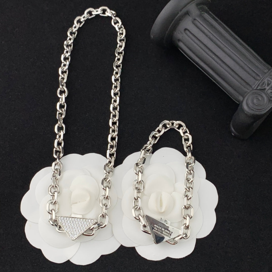 Jewelry Set Silver Triangle Necklace Bracelet