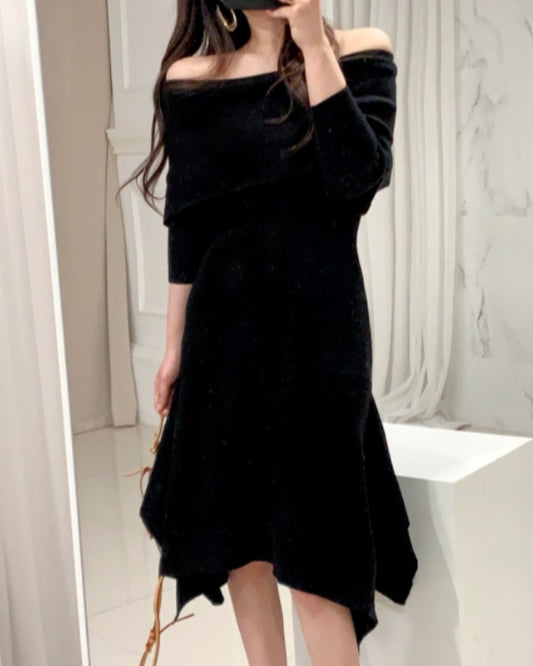Off Shoulder Fishtail Sweater Knit Midi Dress