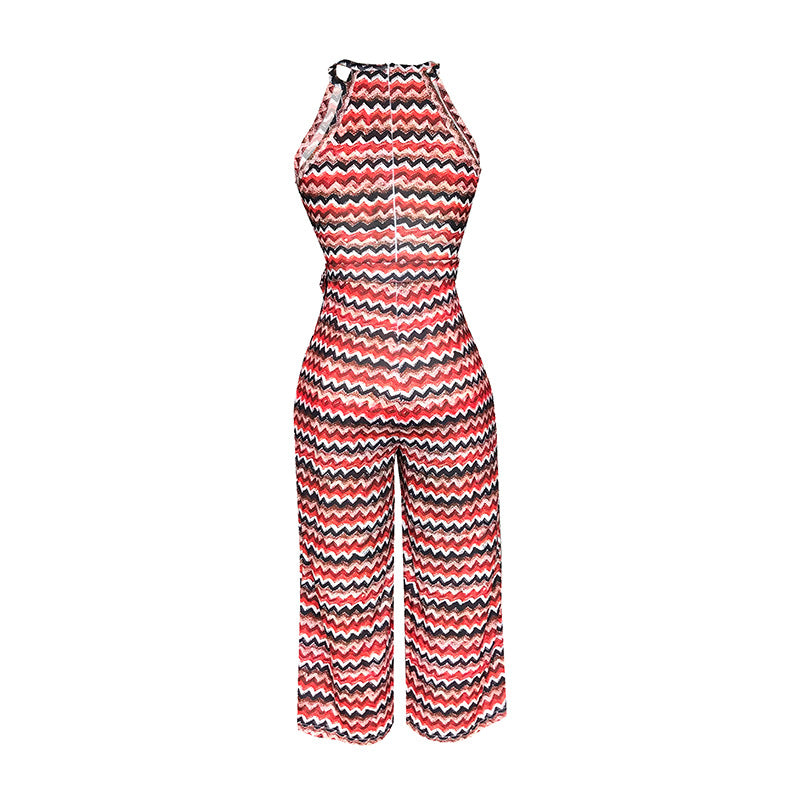 Halter Strappy Jumpsuit Rainbow Wavy Rompers Cropped Pants