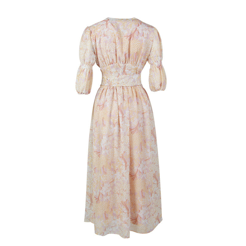 Retro Palace V-neck Single-breasted Floral Printed Party Maxi Dresses