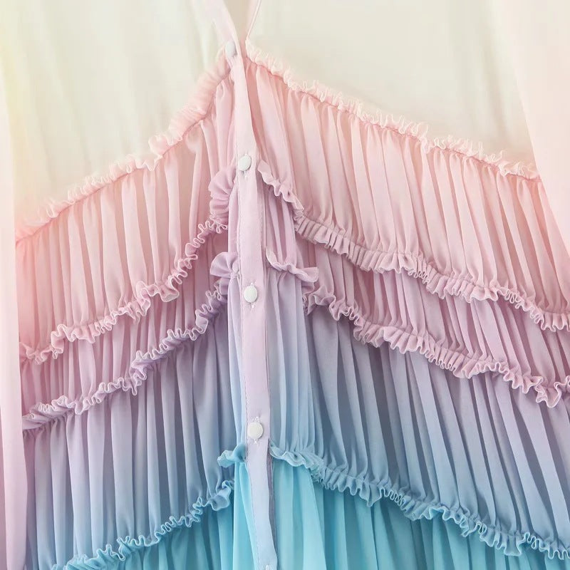 Rainbow Deep V Long Sleeve Gradient Vacation Maxi Dresses