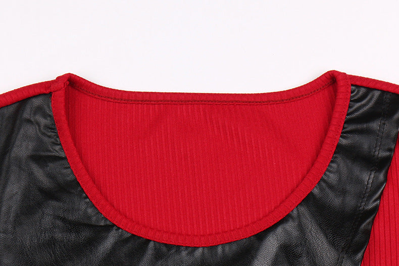 Women's Round Neck Leather Irregular Splicing Sweater