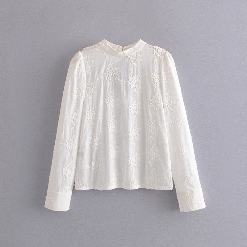 Embroidered Daisy Design Back Hollow Bubble Sleeve Stand Collar Shirt