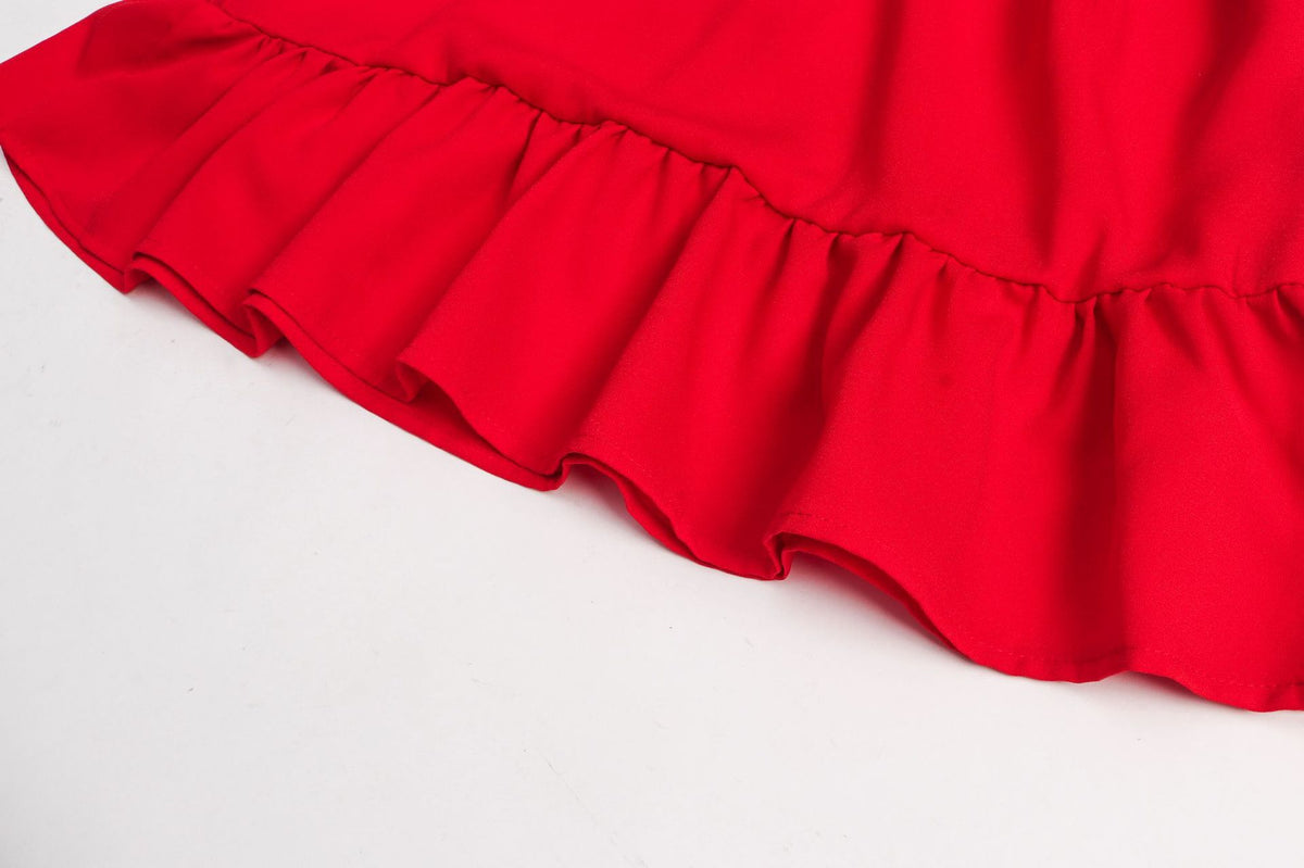Red High Collar Long Sleeve Ruffle Mini Dresses