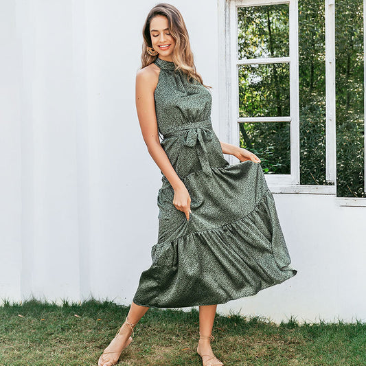 Elegant Green Sleeveless Halter Floral Maxi Dresses