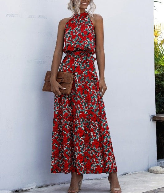 Floral Red Bohemian Boho Printed Hanging Neck Straps Maxi Dresses