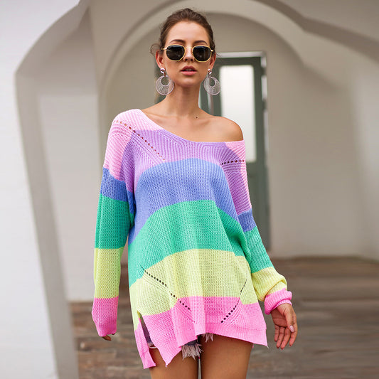 Women‘s Loose V-neck Rainbow Stripes Long Sweater