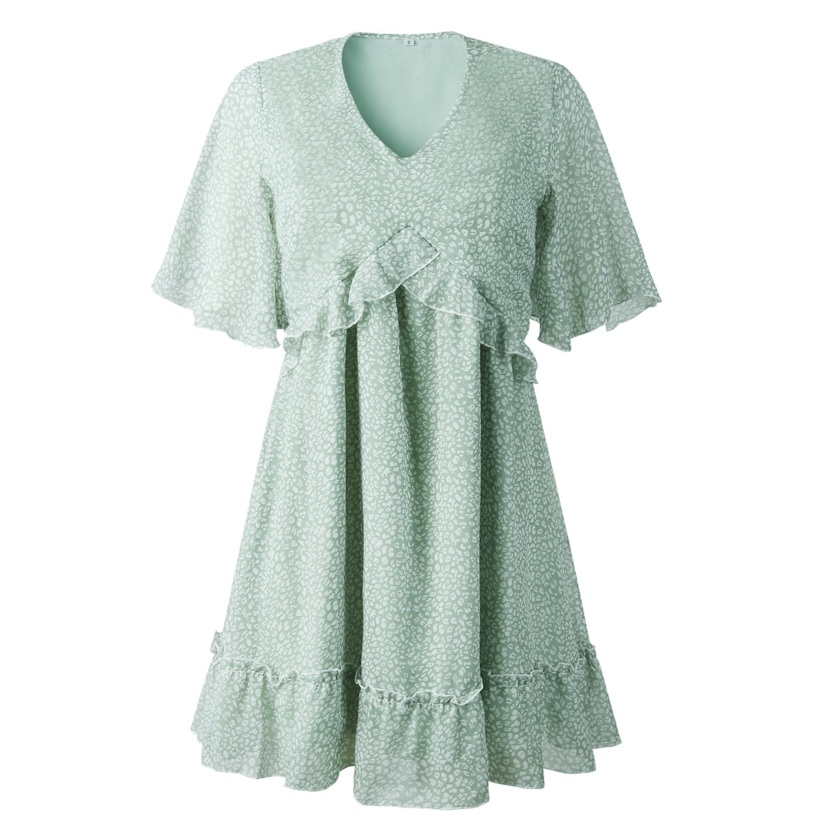 V-neck 1/2 Sleeve Printed Ruffled Mini Dress