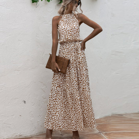 Beige Bohemian Boho Printed Hanging Neck Straps Maxi Dresses