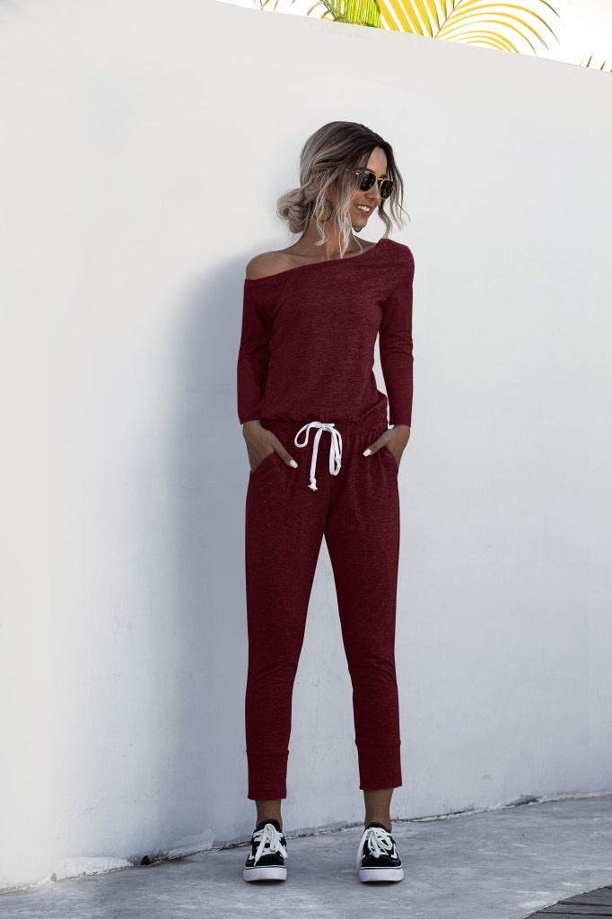 Diagonal Shoulder Lace-up Long Sleeve Casual Jumpsuit Rompers