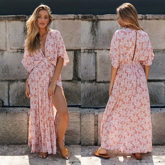 Batwing Sleeve V-neck Split Floral Maxi Dresses