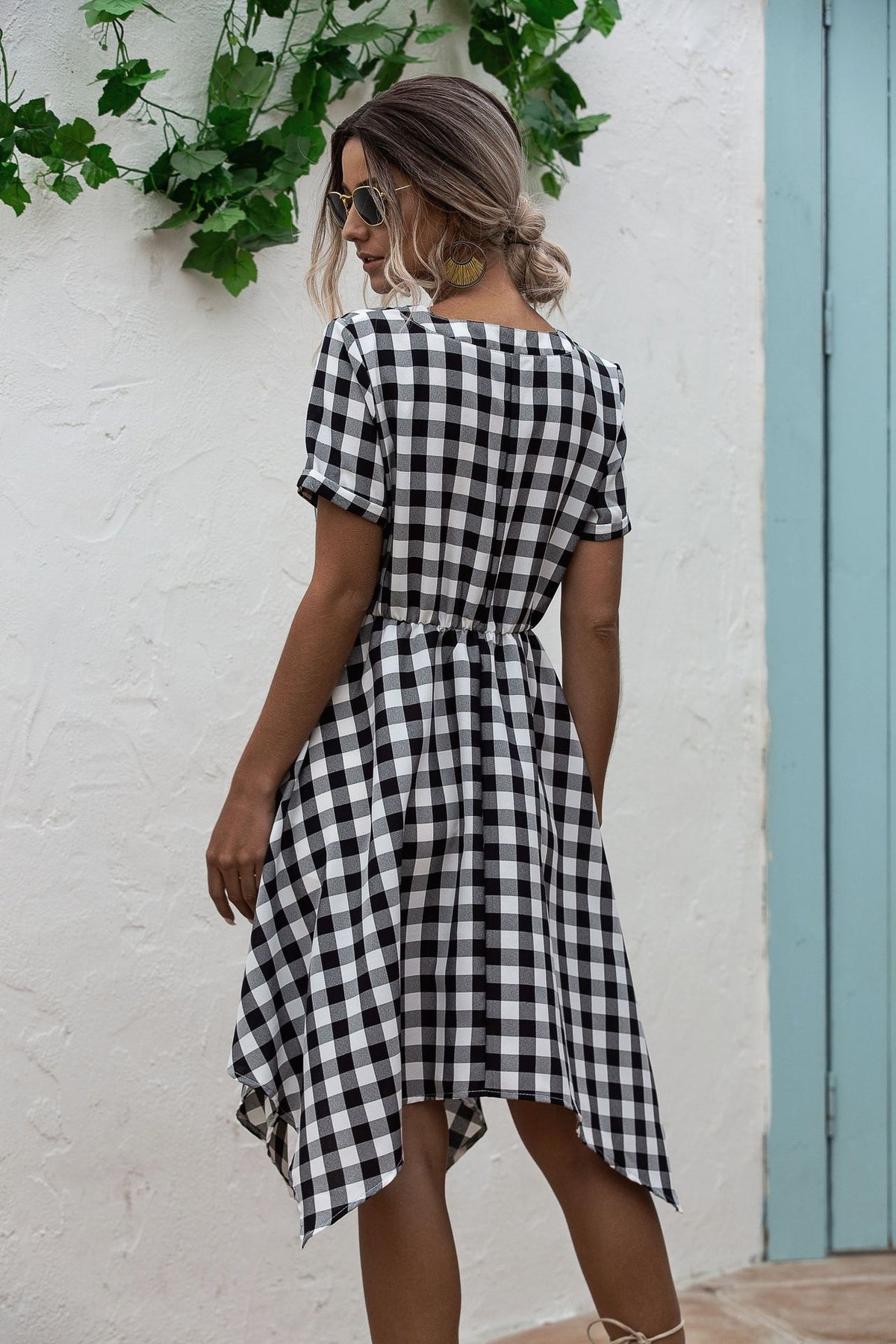 V-neck Plaid Irregular Hem Mini Dresses