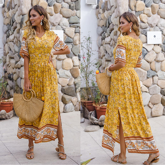 Bohemia Boho V-neck Floral Pleated Beach Maxi Dresses