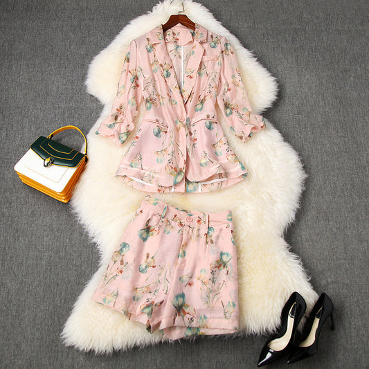 Elegant Office Style Floral Printing Suit Shorts Blazers Two-piece Set