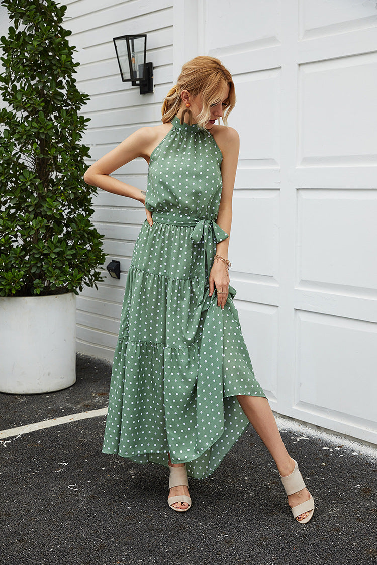 Backless Vintage Halter Polka Dot Lotus Leaf Hem Lace-Up Maxi Dress