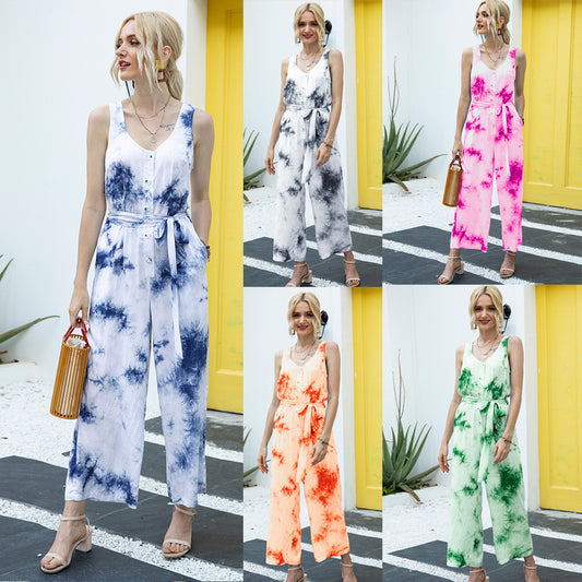 Tie Dye Single-breasted Drawstring Jumpsuit V-neck Printed Rompers