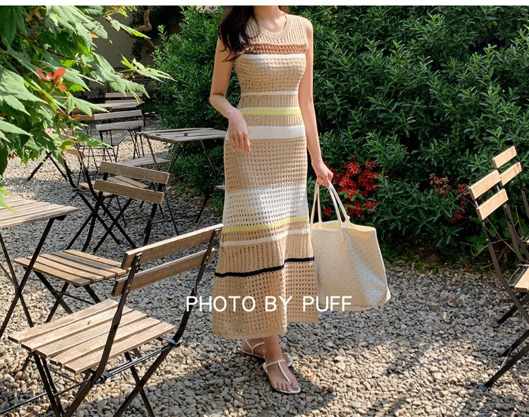 Knit Hollow-out Round Neck Sweater Midi Dresses