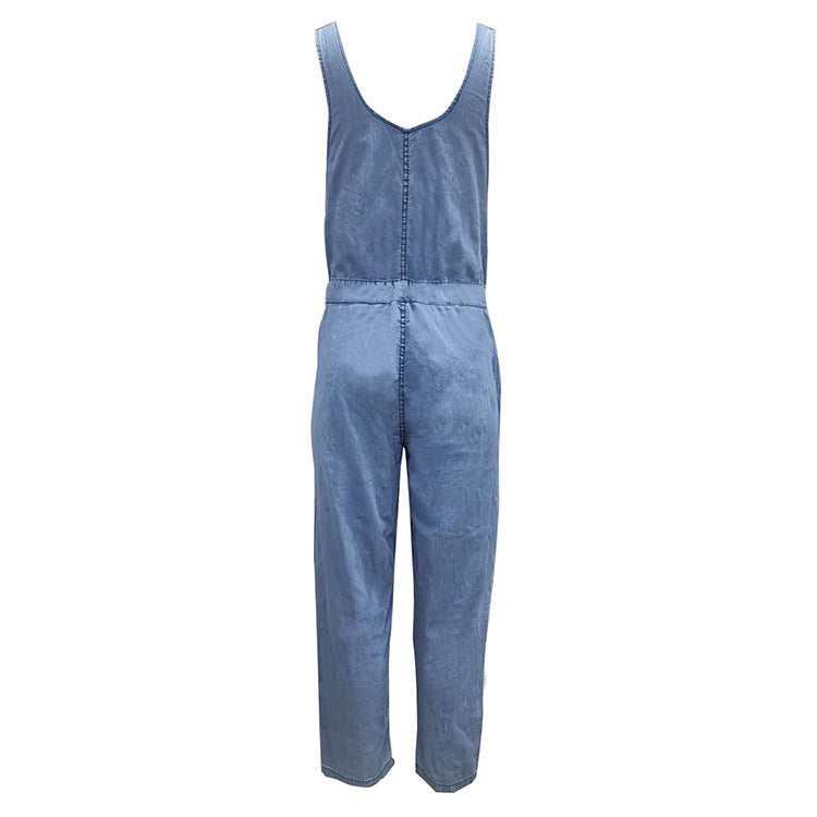 Loose Denim Pockets Strap Elastic Waist Overalls Jumpsuits