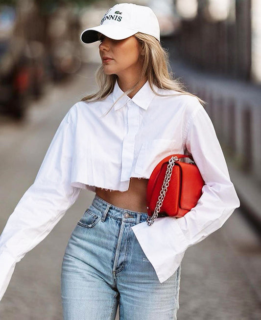 Long Sleeve Single-breasted Irregular Short Cotton Shirt Blouse