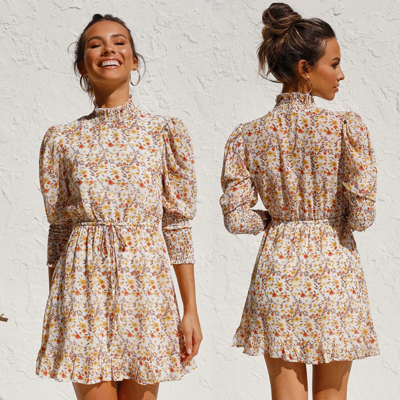 Retro Floral Bubble Sleeves Elastic Waist Mini Dresses