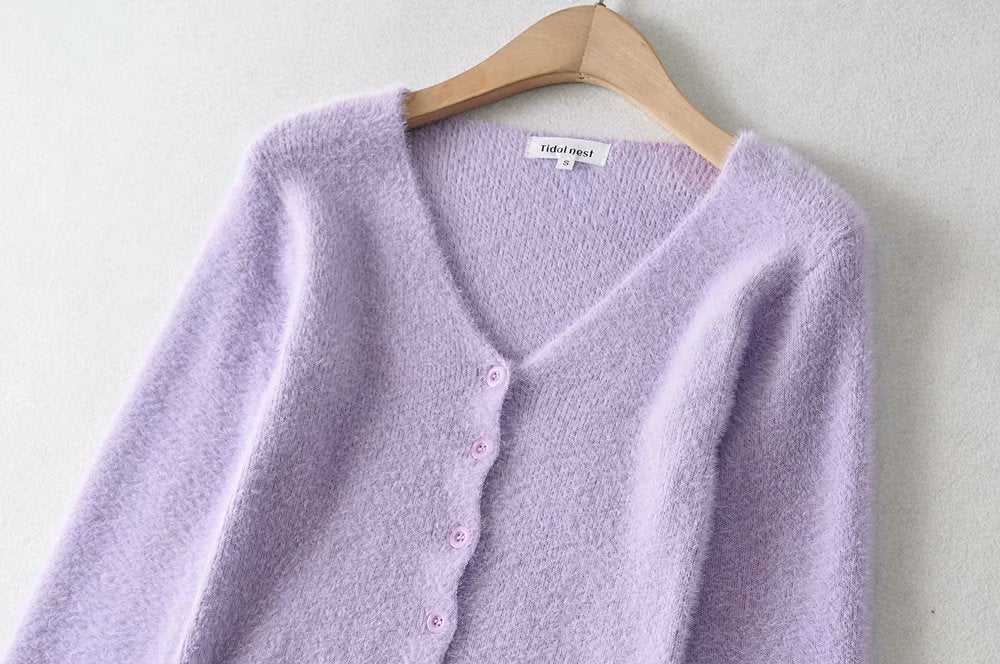 Single-breasted V-neck Ruffles Hem Knitting Cardigans